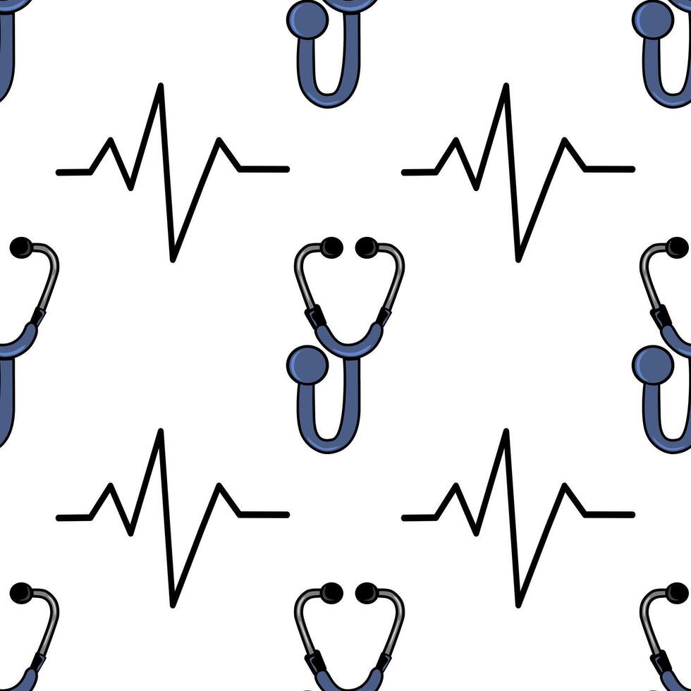 A seamless pattern featuring stethoscopes and heartbeat lines on a white background. The stethoscopes are illustrated in blue and black, while the heartbeat lines are in black vector