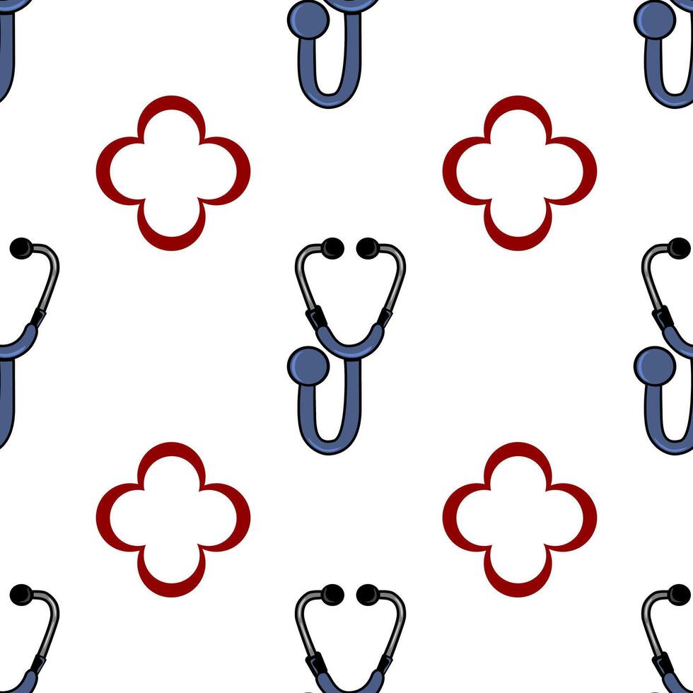 A seamless pattern featuring stethoscopes and red cross-like shapes on a white background. The stethoscopes are depicted in blue and black, while the flowers are in red. vector