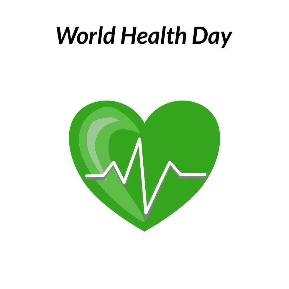 A green heart symbol with a heartbeat line, representing health and wellness. The text World Health Day is displayed above the heart, emphasizing the theme of health awareness. vector