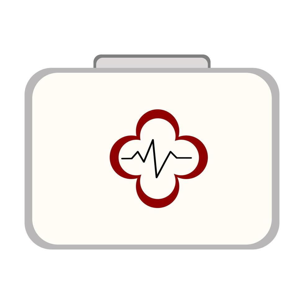 A simple illustration of a first aid kit featuring a red cross and a heartbeat line design. The kit is light-colored with a gray outline, symbolizing health and emergency care. vector