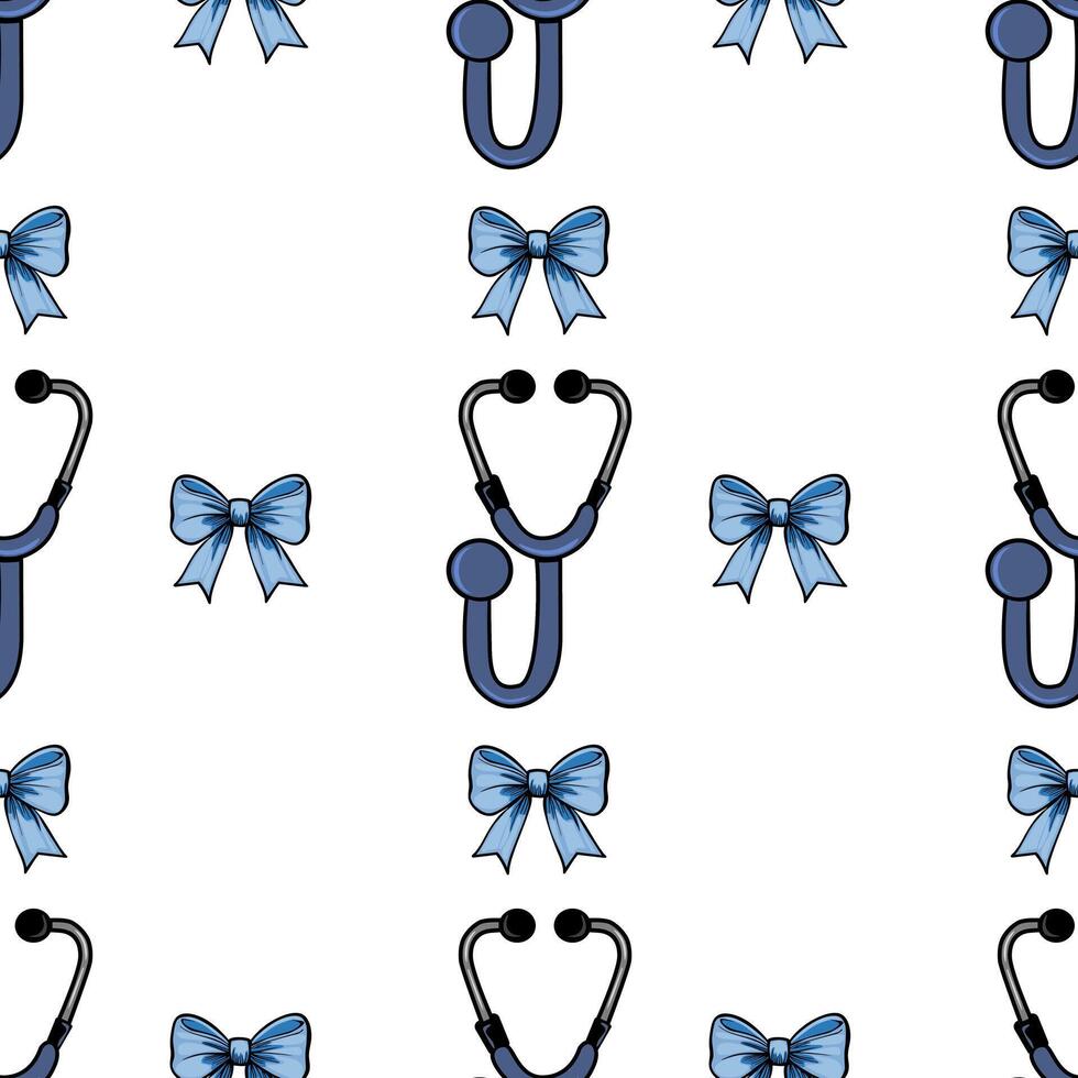 A repeating pattern featuring stethoscopes and blue bows on a white background. The stethoscopes are illustrated in a simple, cartoonish style, alternating with cute blue bows. vector