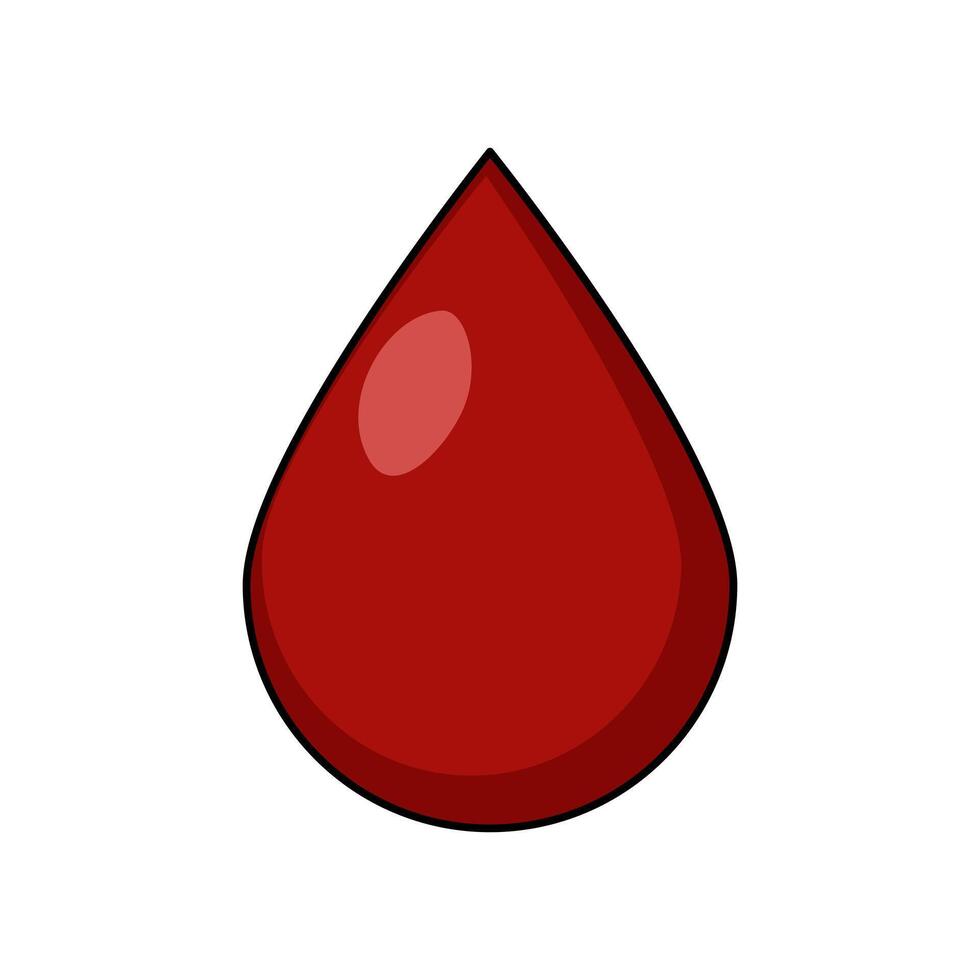 A simple, stylized illustration of a red droplet, resembling blood, with a glossy finish and a black outline. vector