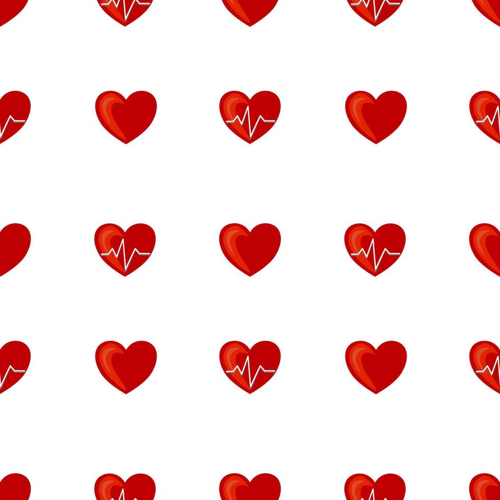 A seamless pattern featuring red hearts with and without heartbeat lines on a white background. The design is playful and suitable for various romantic or health-related themes. vector