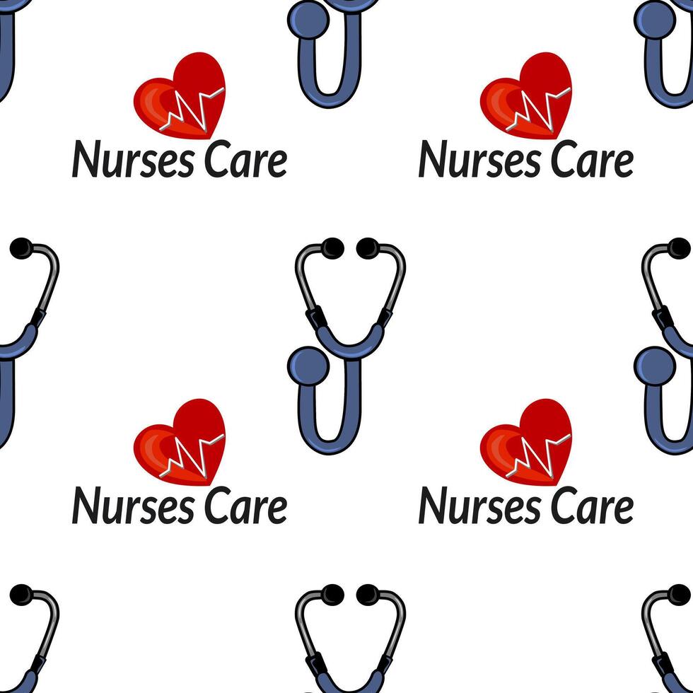 A repeating pattern featuring stethoscopes and the text Nurses Care alongside a red heart with a heartbeat line. vector