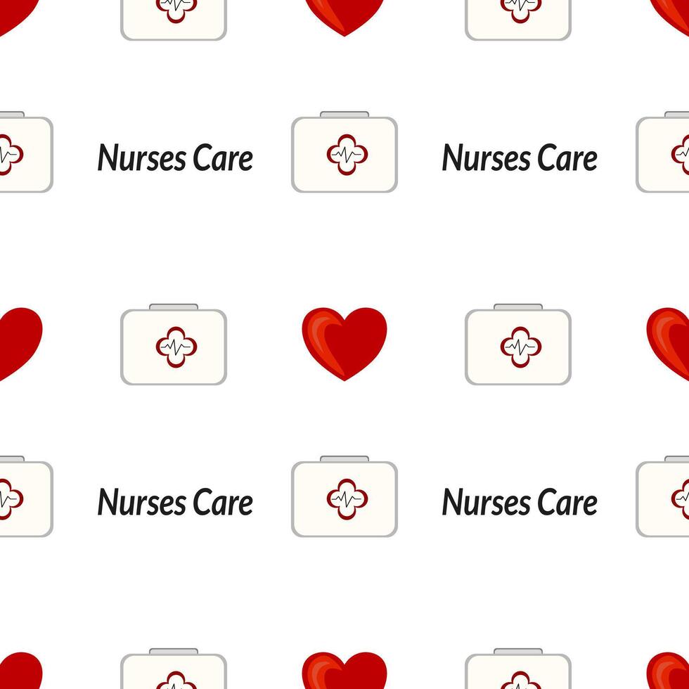 A repeating pattern featuring medical symbols, including a first aid kit and heart icons, along with the text Nurses Care vector