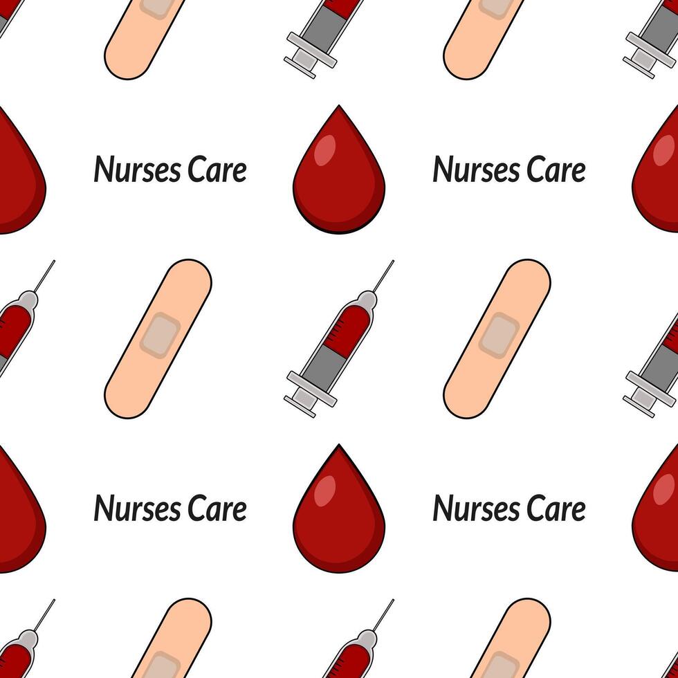 A repeating pattern featuring medical elements like syringes, blood droplets, and band-aids, along with the text 'Nurses Care'. vector