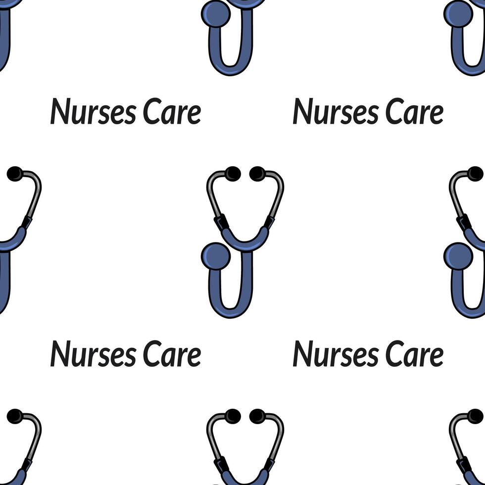A repeating pattern featuring stethoscopes and the text Nurses Care. The design is simple and colorful, ideal for healthcare-themed materials. vector