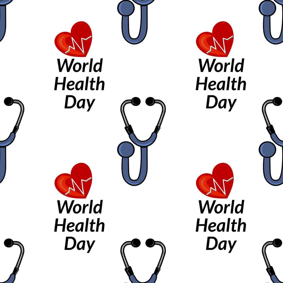 A repeating pattern featuring stethoscopes and hearts with a heartbeat line, along with the text World Health Day. The design is colorful and promotes health awareness. vector