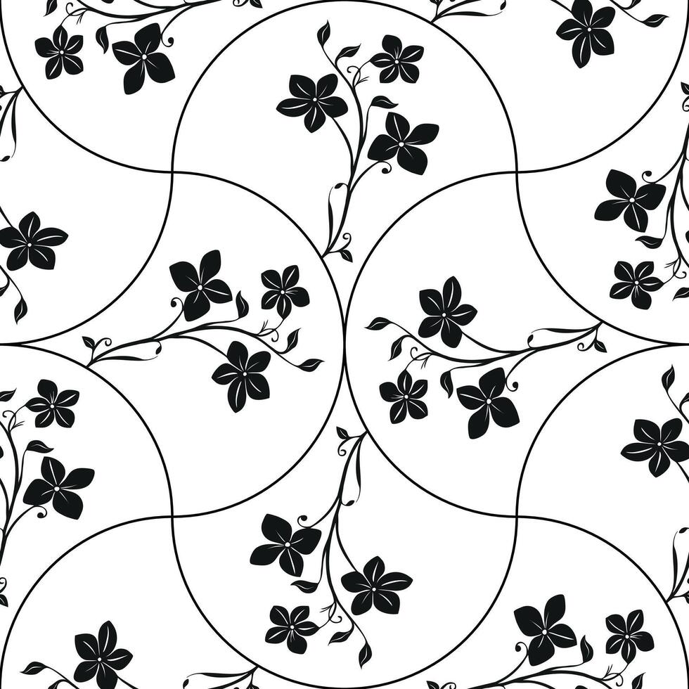 A seamless pattern featuring black floral designs on a white background, with random arch shapes interspersed throughout the design. vector