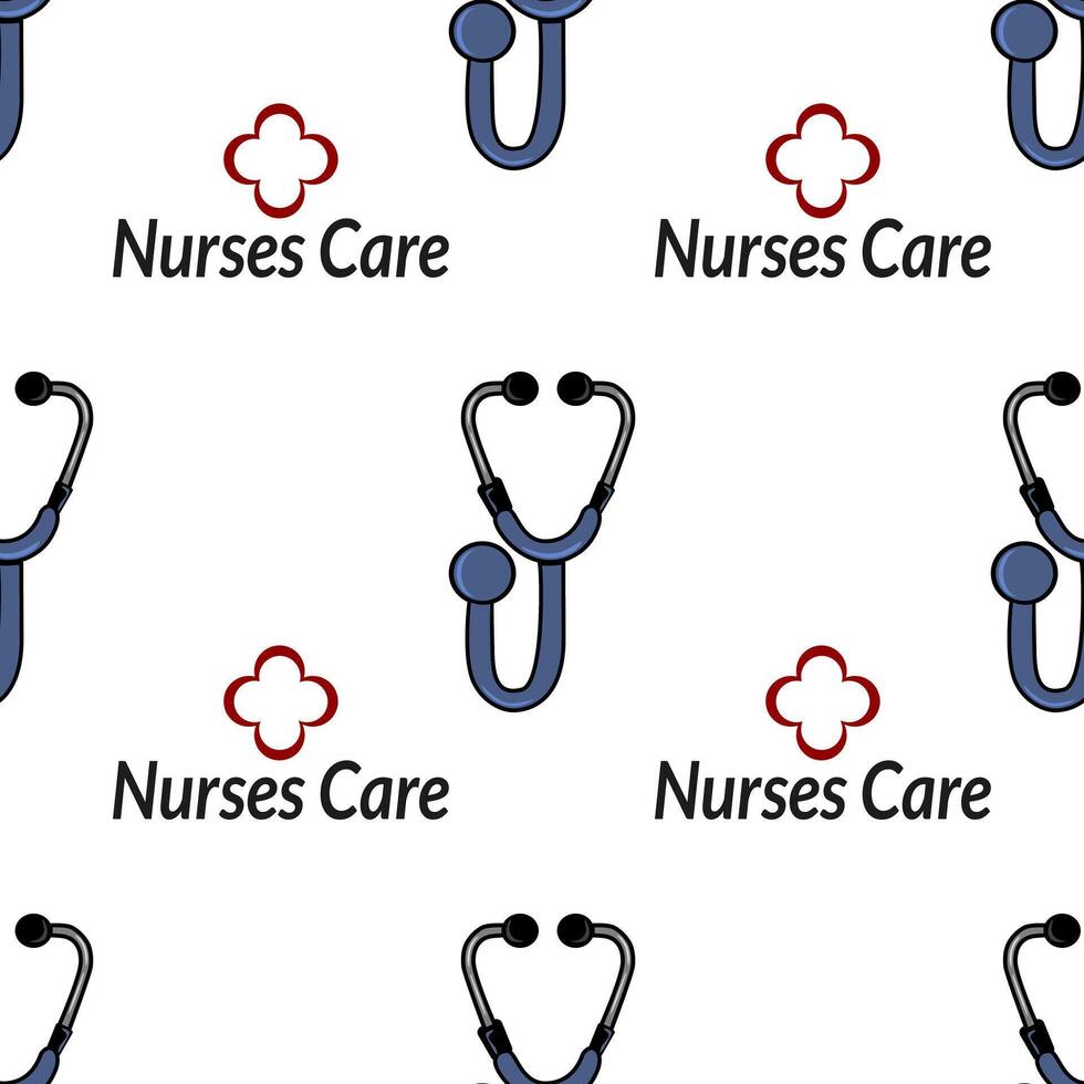 A repeating pattern featuring stethoscopes and the text Nurses Care alongside a red medical cross symbol. The design is suitable for healthcare-related themes. vector