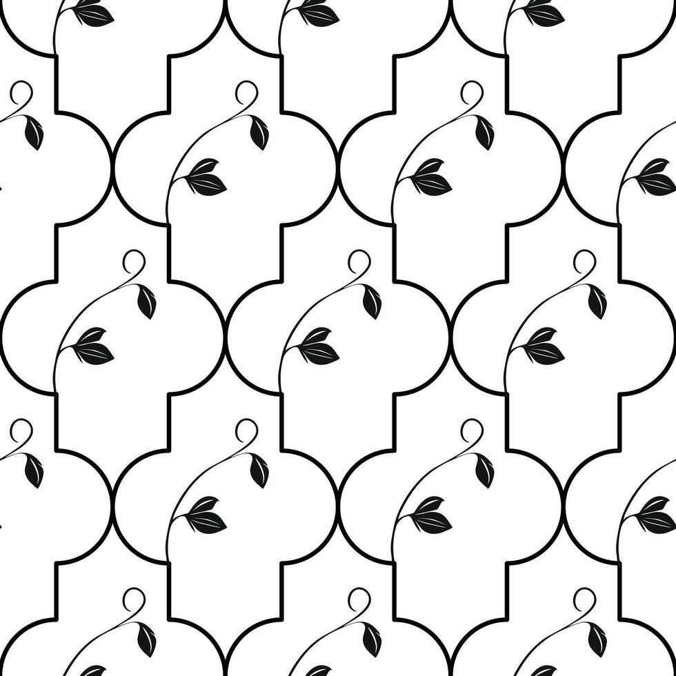 A seamless pattern featuring a geometric design with black outlines and delicate leaves. The pattern consists of eastern shapes, creating a stylish and modern look. vector