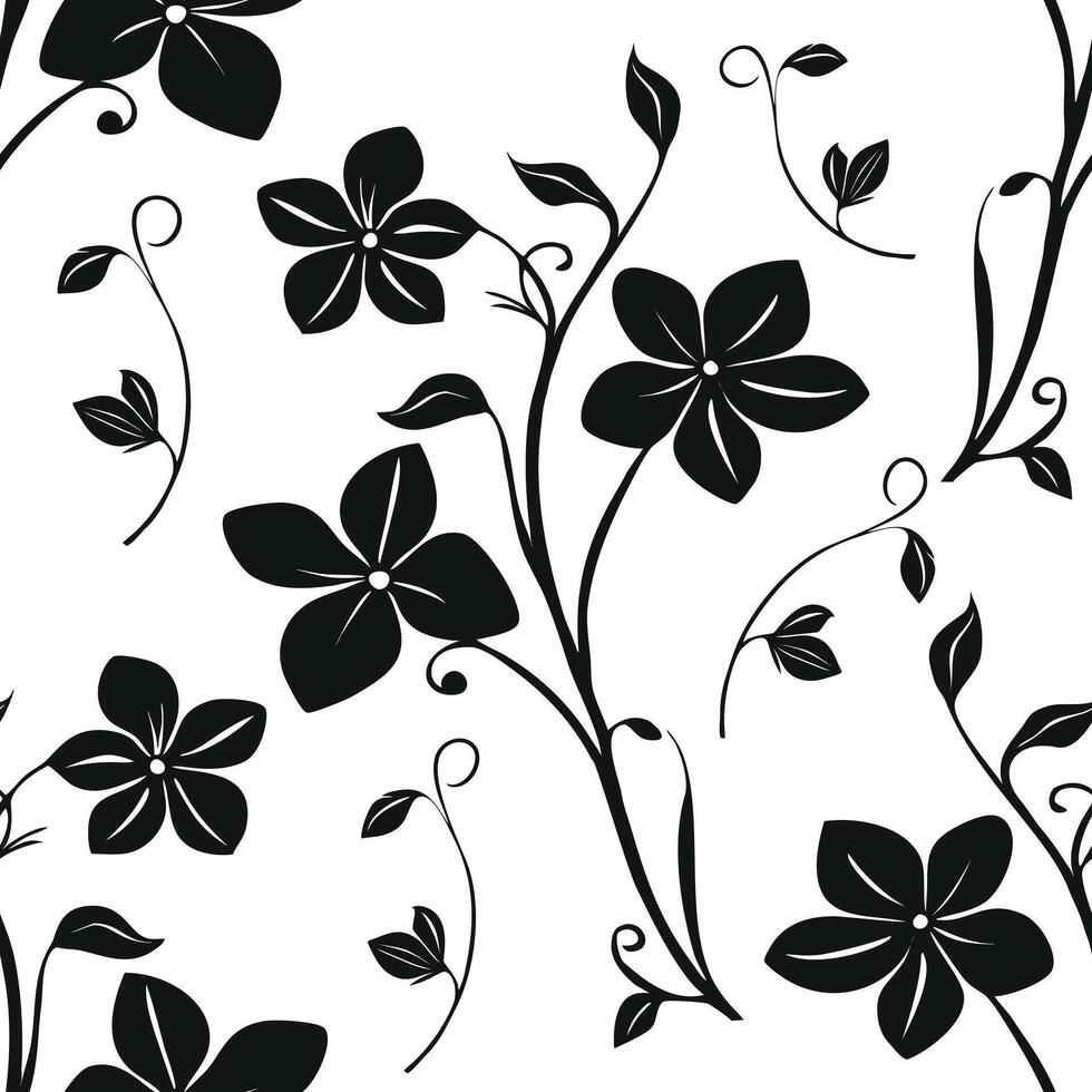 A seamless pattern featuring black floral silhouettes on a white background. The design includes various flowers and swirling vines, creating an elegant and modern look. vector