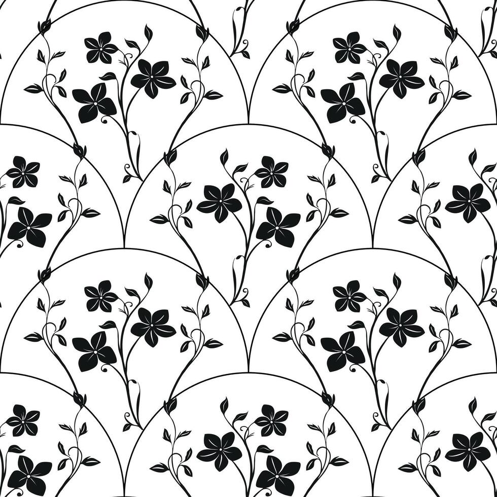 A seamless pattern featuring black floral designs on a white background. The pattern includes stylized flowers and vines arranged in a reflected arch shape, creating an elegant and modern look. vector