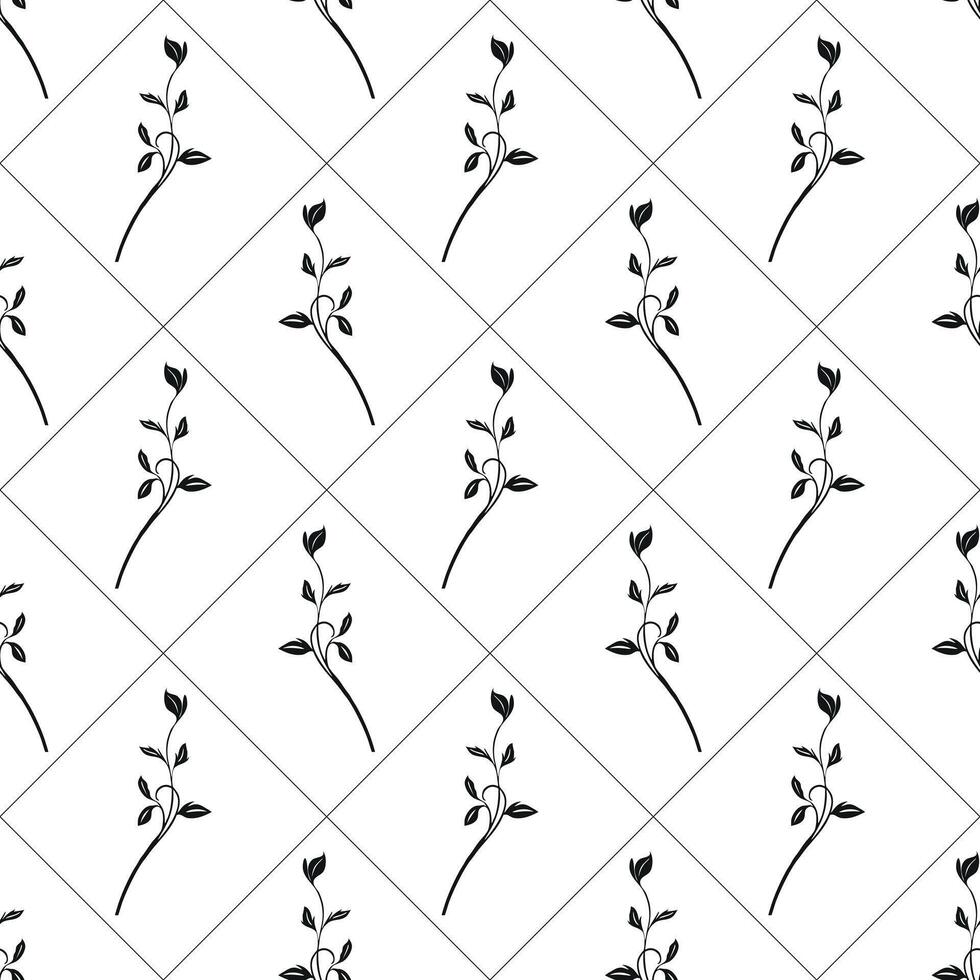 A seamless pattern featuring delicate black line drawings of small plants with leaves on a white background, arranged in a diamond grid layout. vector