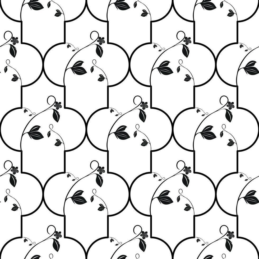 A seamless black and white pattern featuring stylized vines with leaves and flowers, arranged in eastern pattern of overlapping circles. vector