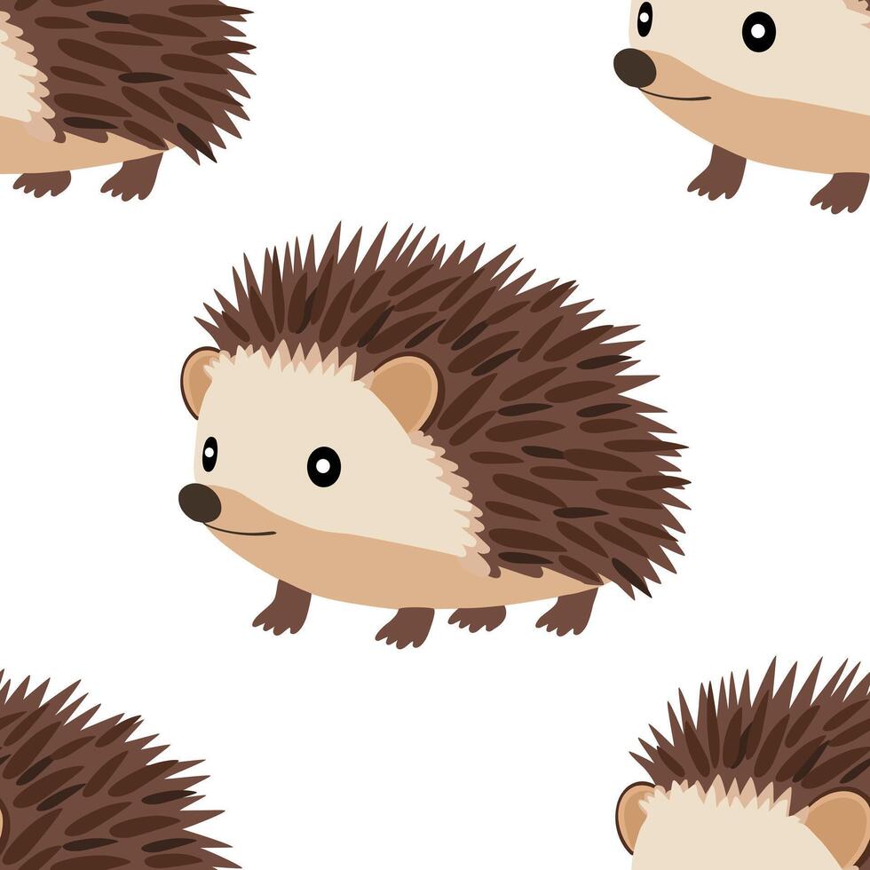 A cute seamless pattern featuring cartoon hedgehogs surrounded by pink flowers on a white background. vector