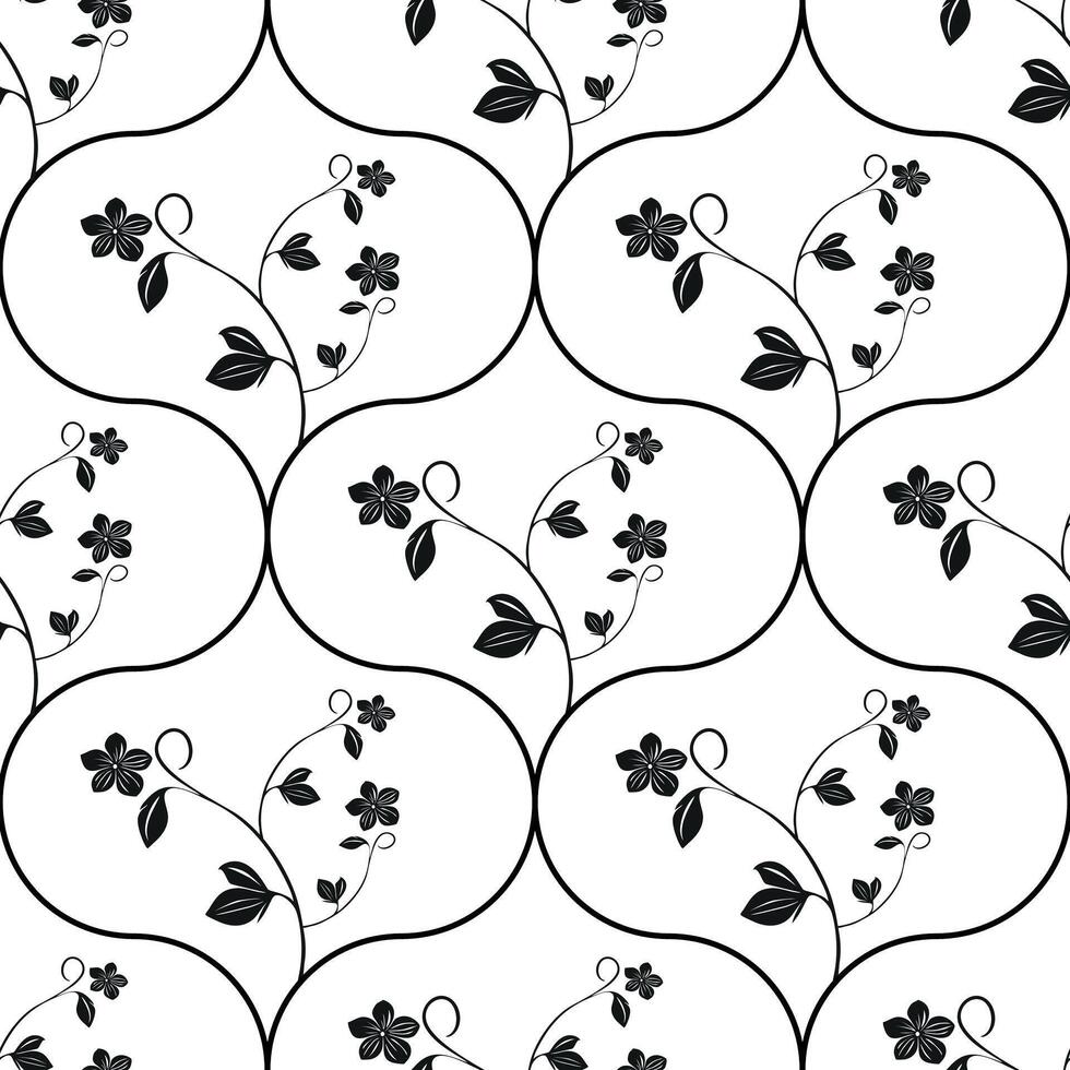 A seamless black and white floral pattern featuring delicate flowers and leaves intertwined in ogee shapes. vector