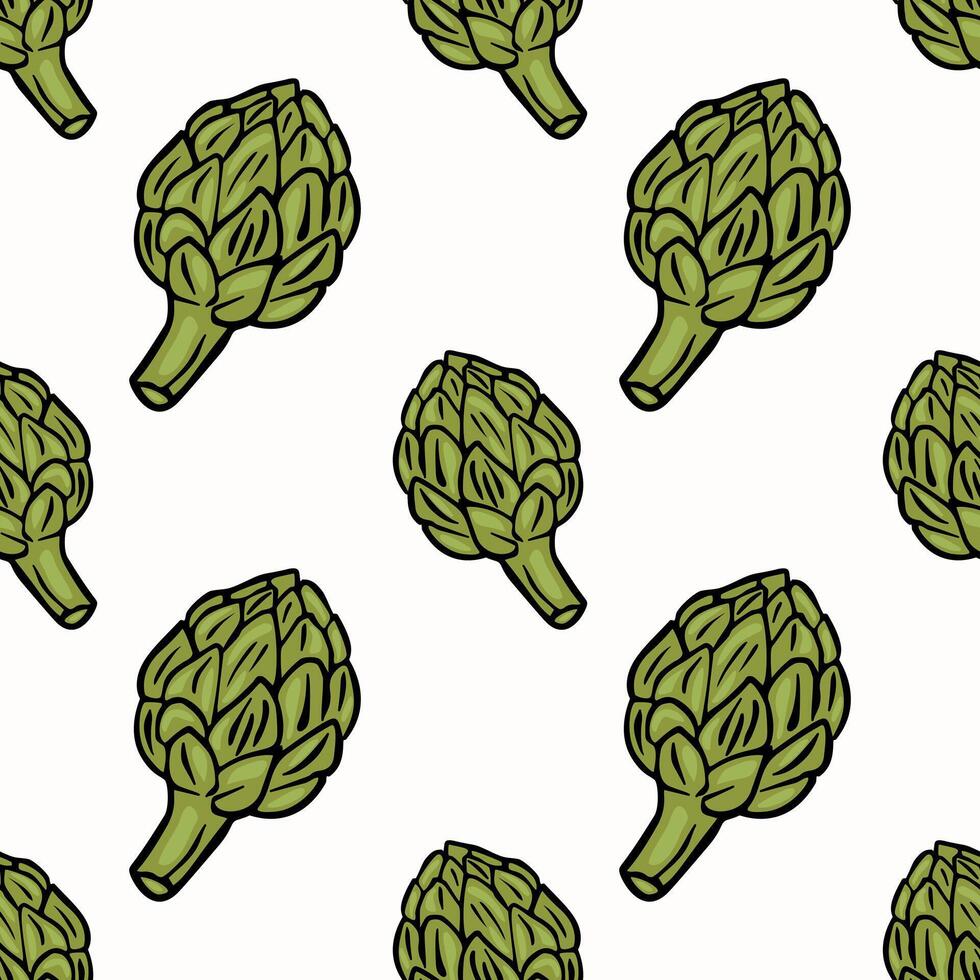 Seamless pattern featuring hand-drawn green artichokes on a white background, a playful and stylish vegetable-themed vector
