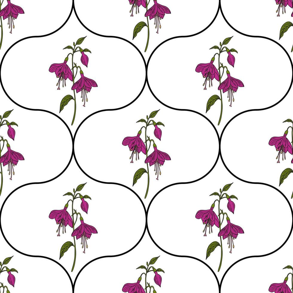 A seamless pattern featuring fuchsia flowers with pink petals and green leaves on a white background, outlined in ogee shapes.. vector
