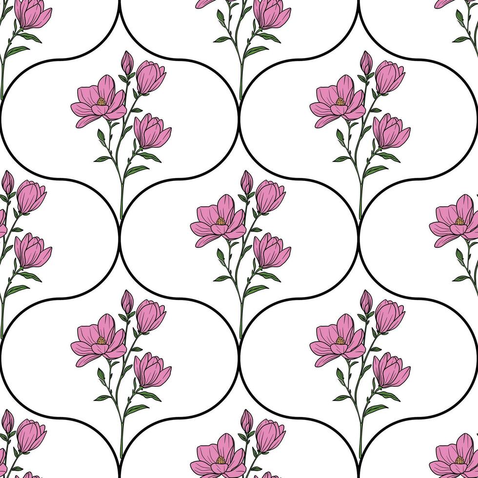 A seamless floral pattern featuring pink flowers and buds on a white background, outlined with black shapes creating a modern design in ogee shapes. vector