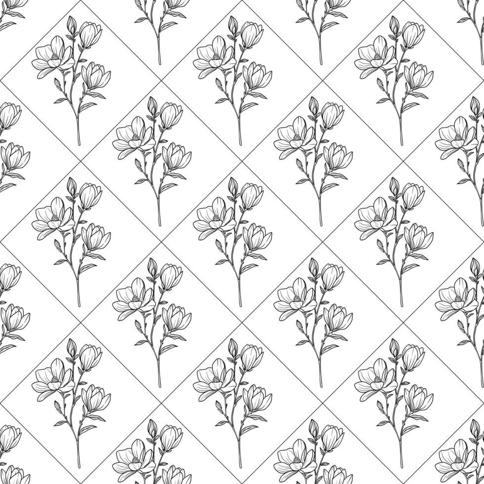 A seamless pattern featuring hand-drawn floral illustrations, with delicate flowers and stems arranged in a diamond layout on a white background. vector