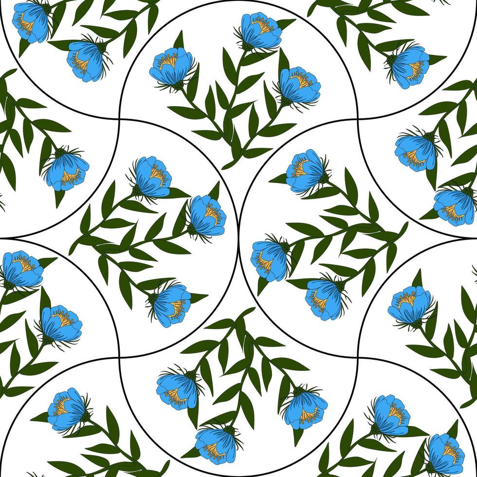 A seamless floral pattern featuring blue flowers with orange accents and green leaves on a white background in random arch shapes. The design is circular and symmetrical, creating a harmonious look. vector