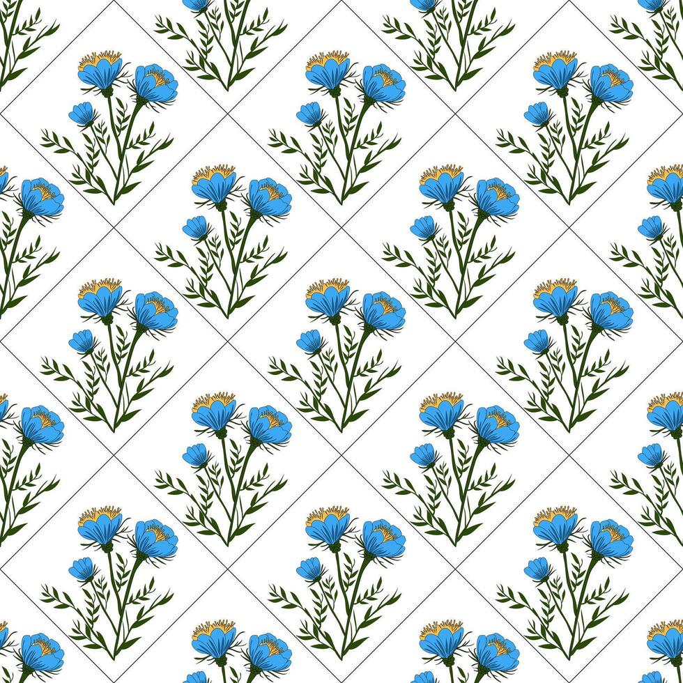 A seamless pattern featuring blue flowers with yellow centers and green leaves on a white background, arranged in a diamond layout. vector
