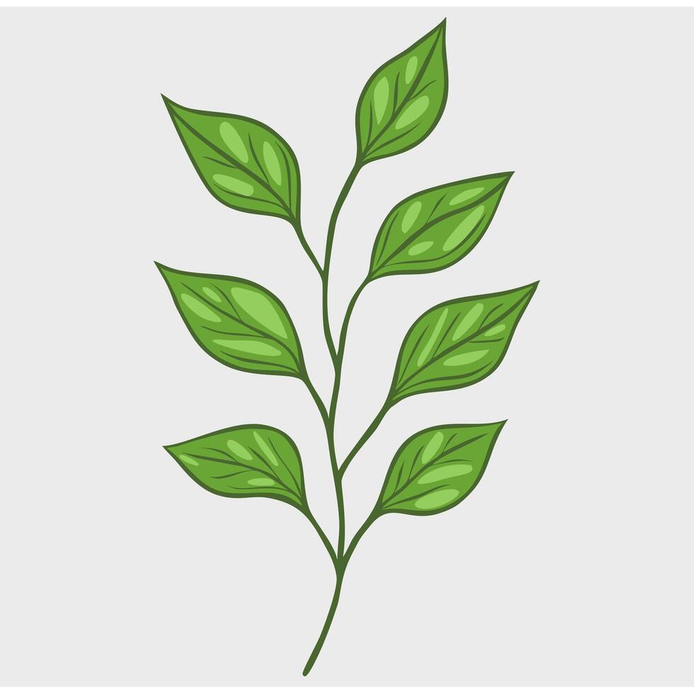 A stylized illustration of a green plant branch with multiple leaves. The leaves are vibrant and detailed, showcasing various shades of green. vector