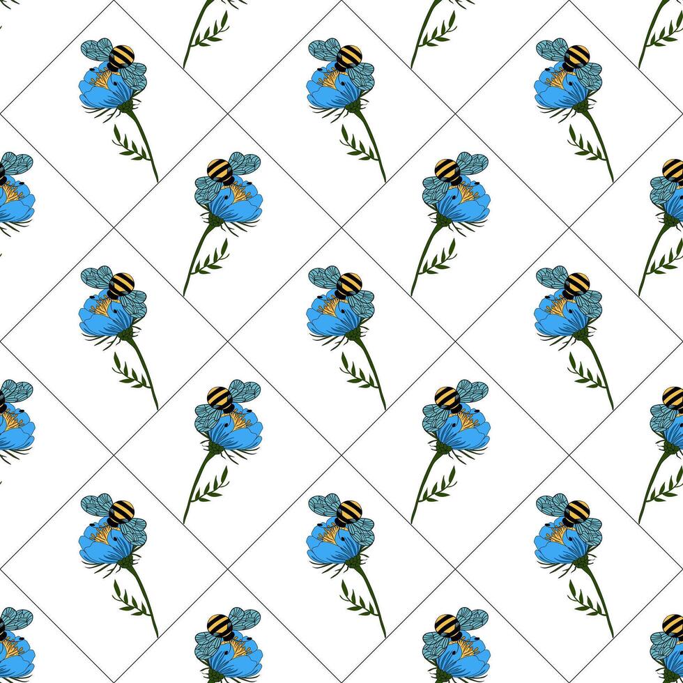 A seamless pattern featuring blue flowers with green leaves and bees. The design is arranged in a diamond layout, creating a vibrant and cheerful aesthetic. vector