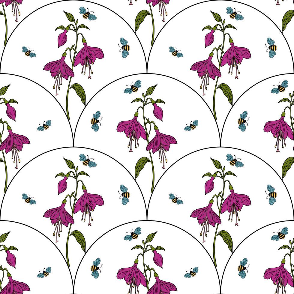 A seamless floral pattern featuring fuchsia flowers and small blue bees on a white background. The design is arranged in a reflected arch shape, creating a harmonious and vibrant look. vector