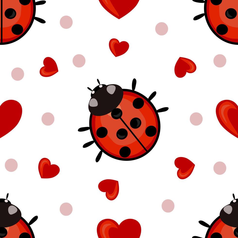 A seamless pattern featuring cute ladybugs and hearts on a white background. The ladybugs are red with black spots, and the hearts, interspersed with light pink dots. vector