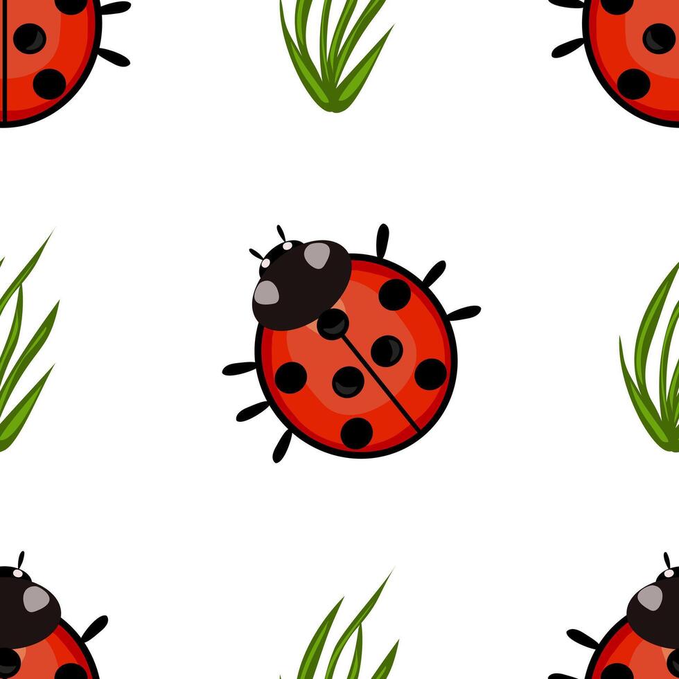A seamless pattern featuring cartoon-style ladybugs and green grass blades on a white background. The ladybugs are bright red with black spots and heads, creating a playful design. vector