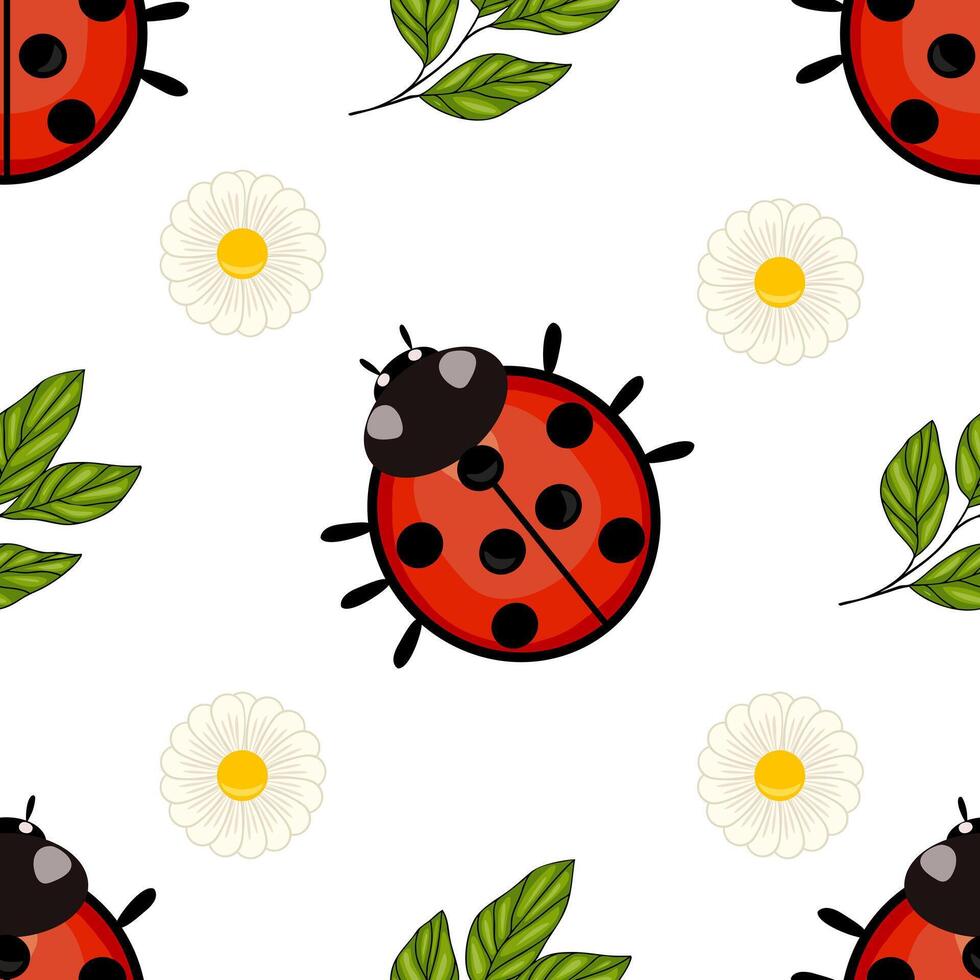A seamless pattern featuring ladybugs, daisies, and green leaves on a white background. The ladybugs are bright red with black spots, while the daisies are white with yellow centers. vector