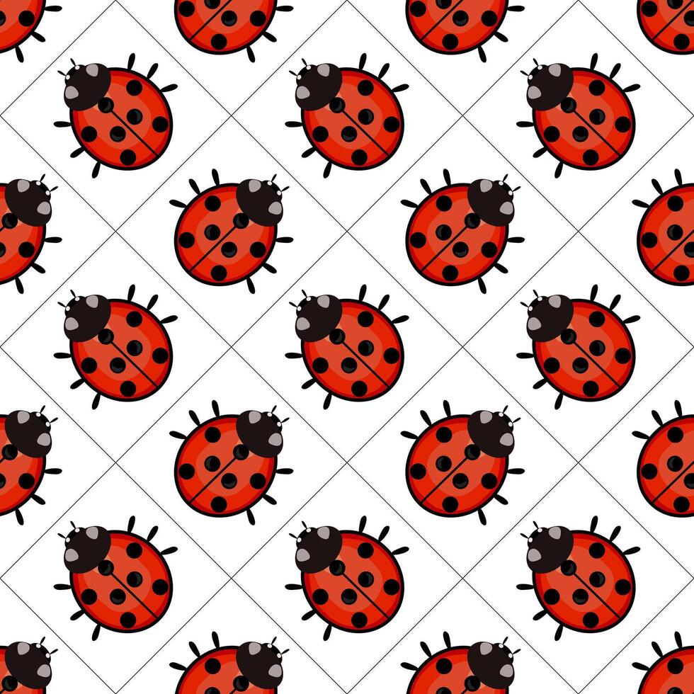A seamless pattern featuring cute ladybugs with red bodies and black spots on a white background, arranged in a diagonal grid. vector