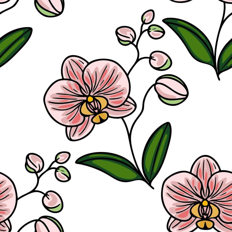 A seamless pattern featuring pink orchids with green leaves and buds on a white background. The design is vibrant and floral, ideal for textiles or wallpapers. vector