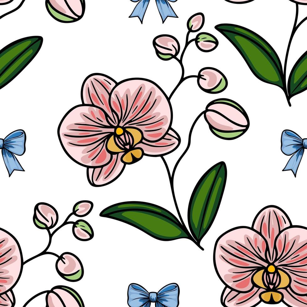 A seamless pattern featuring pink orchids and blue bows on a white background. The design showcases delicate flowers with green leaves and buds, creating a vibrant and cheerful aesthetic. vector