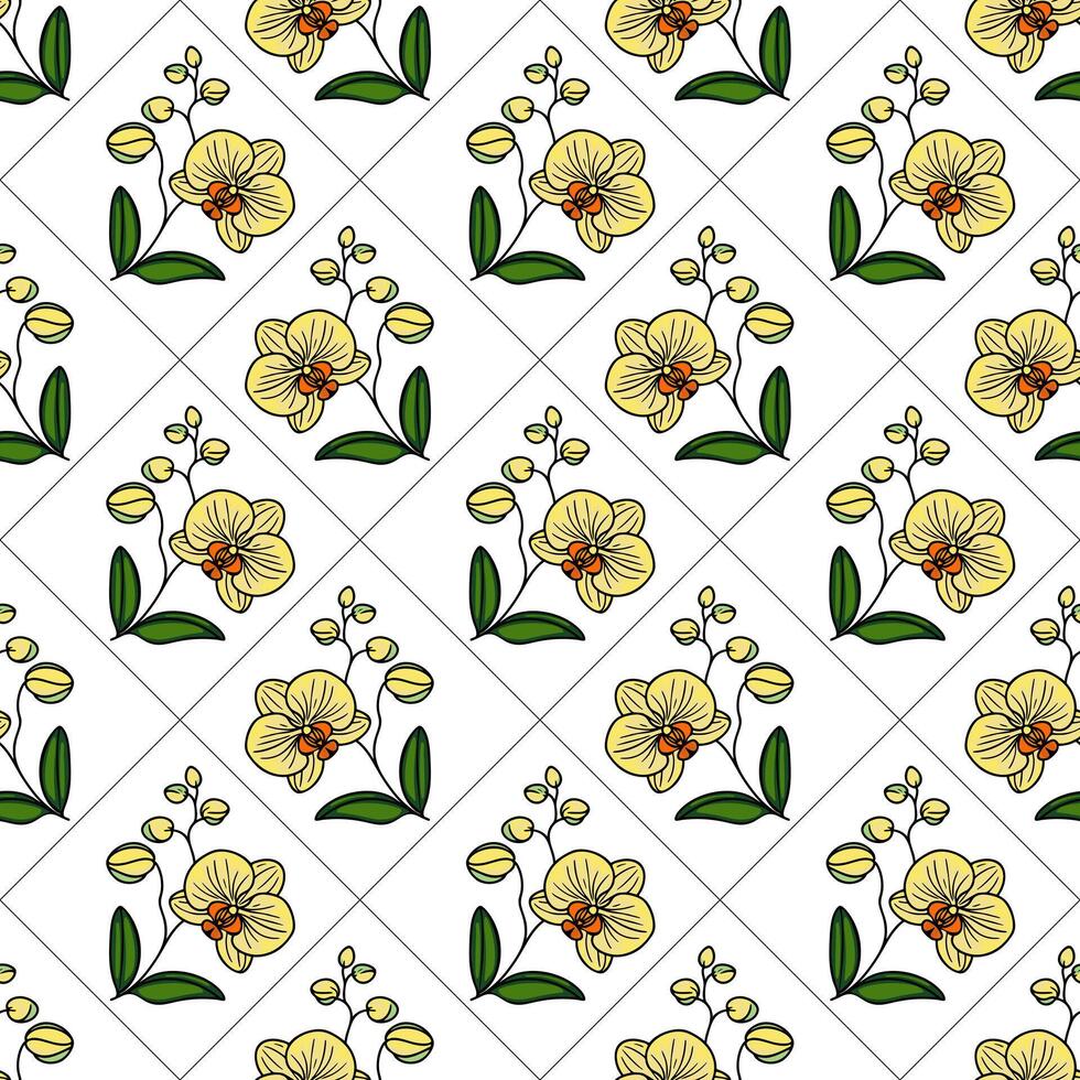 A seamless pattern featuring yellow orchids with green leaves and buds on a white background, arranged in a diamond layout. vector
