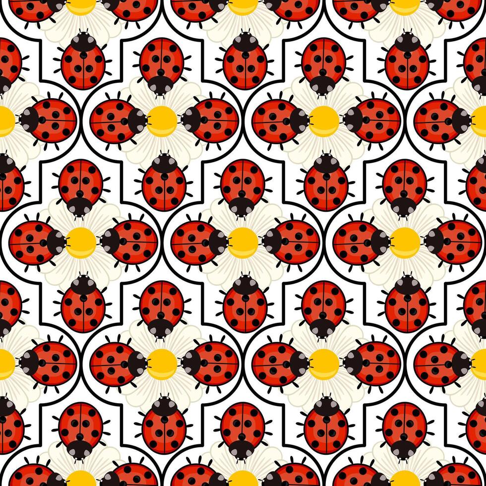 A vibrant pattern featuring ladybugs and flowers, with red ladybugs on a white background, surrounded by yellow flower centers and black outlines, creating a cheerful and playful design. vector