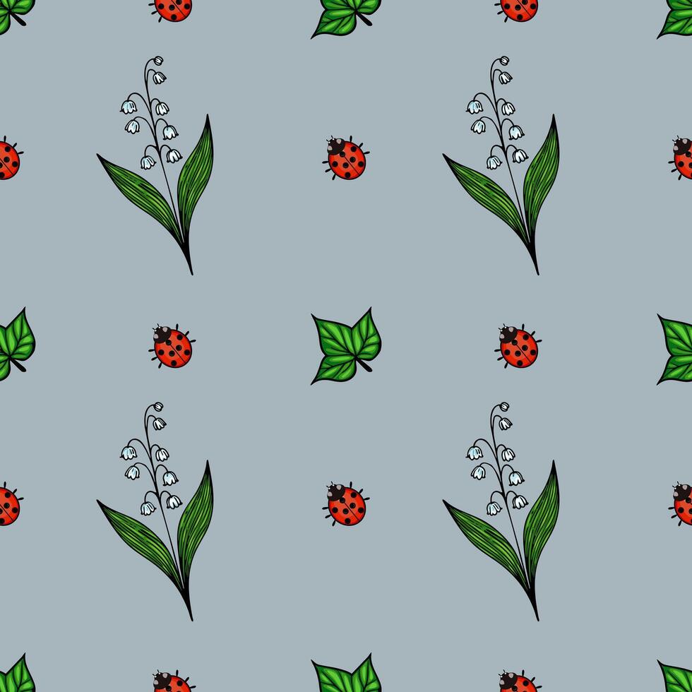 A seamless pattern featuring green leaves, white bell-shaped flowers, and red ladybugs on a lightblue background. vector