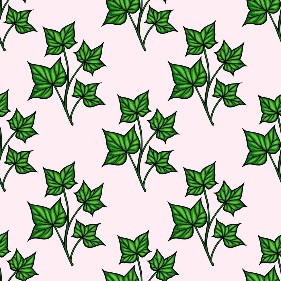 A seamless pattern featuring green ivy leaves on a soft pink background. The design showcases various ivy leaf shapes and arrangements, creating a fresh and natural aesthetic. vector
