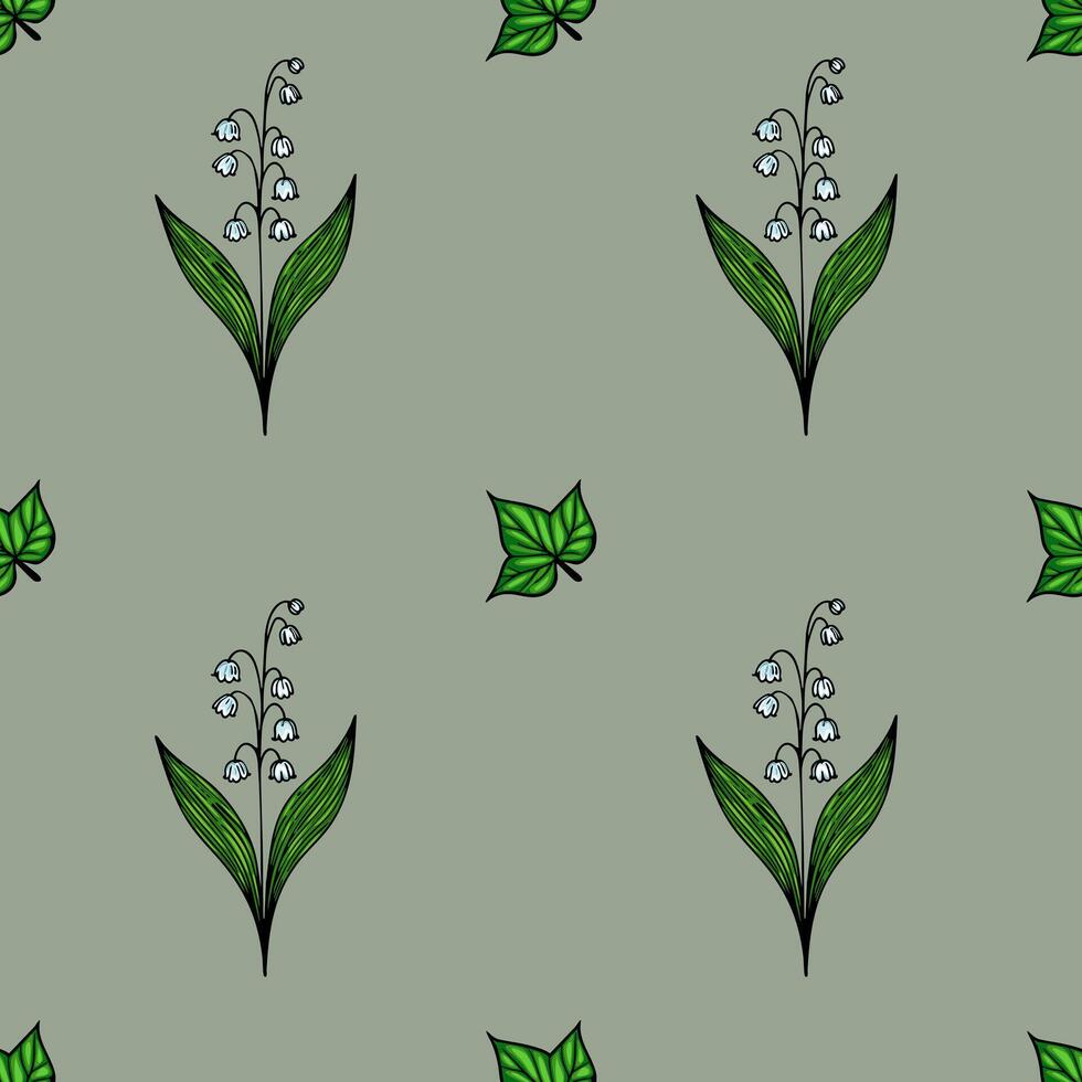 A seamless pattern featuring stylized lily of the valley flowers and green leaves on a muted green background. vector