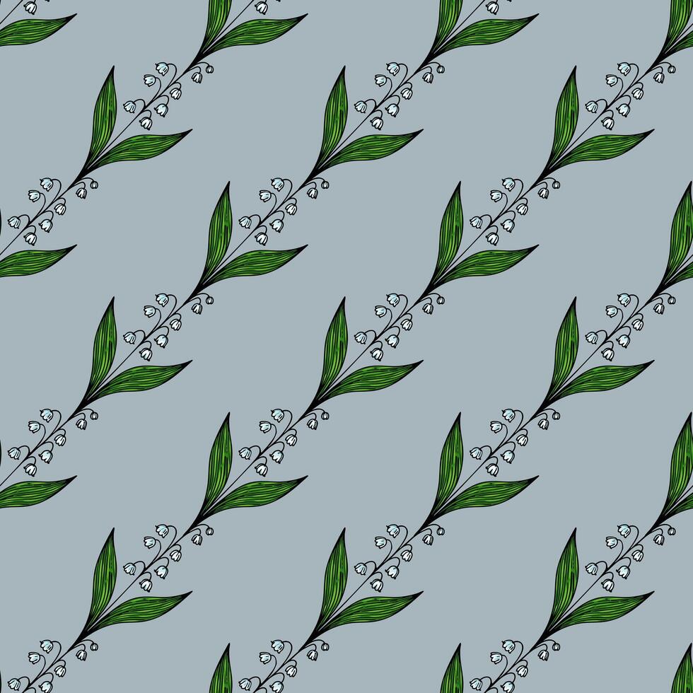 A seamless pattern featuring stylized green leaves and small white flowers on a softblue background. The design is intricate and suitable for textiles or wallpapers. vector