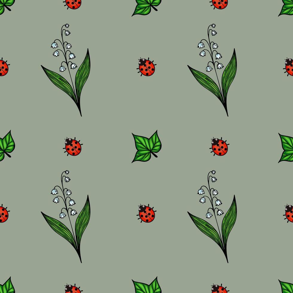 A seamless pattern featuring hand-drawn illustrations of lily of the valley flowers, green leaves, and red ladybugs on a muted green background. vector