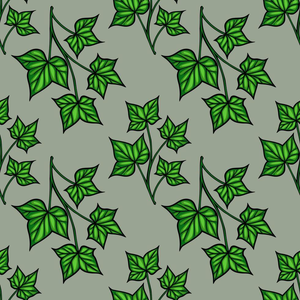 A seamless pattern featuring various green ivy leaves on a muted green background. The leaves are intricately detailed with dark outlines, creating a natural and organic feel. vector