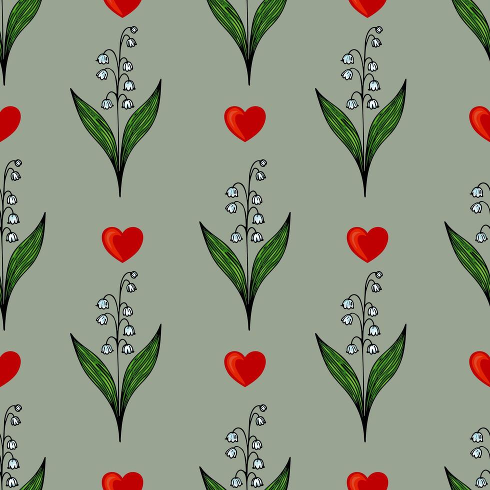 A seamless pattern featuring stylized flowers with green leaves, white lily of the valley blooms, and red hearts on a muted green background. vector
