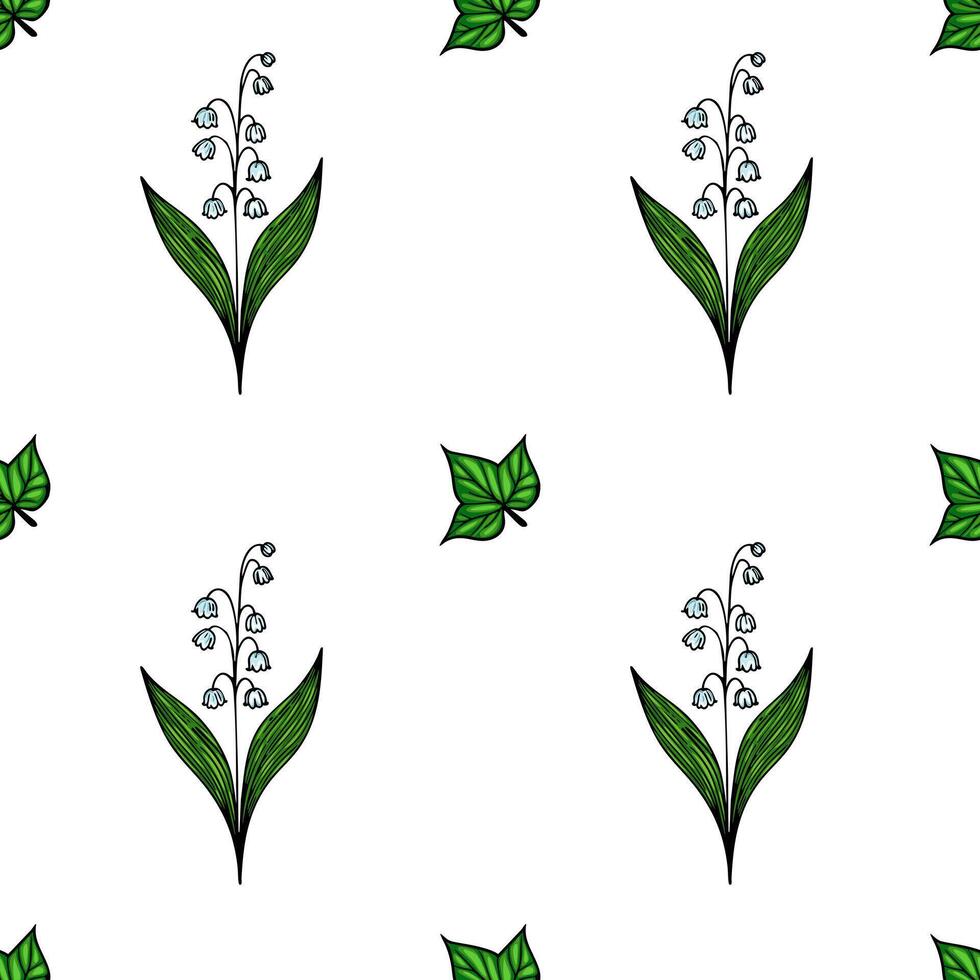 A seamless pattern featuring white lily of the valley flowers with green leaves on a white background. The design is elegant and suitable for textiles or wallpapers. vector