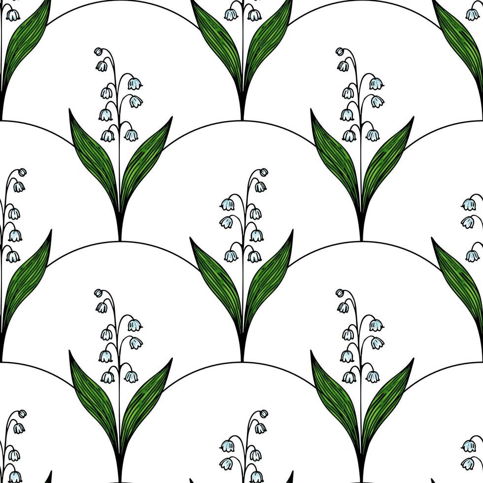 A seamless pattern featuring stylized lily of the valley flowers with green leaves on a white background. The design is repetitive and elegant, suitable for textiles or wallpapers. vector