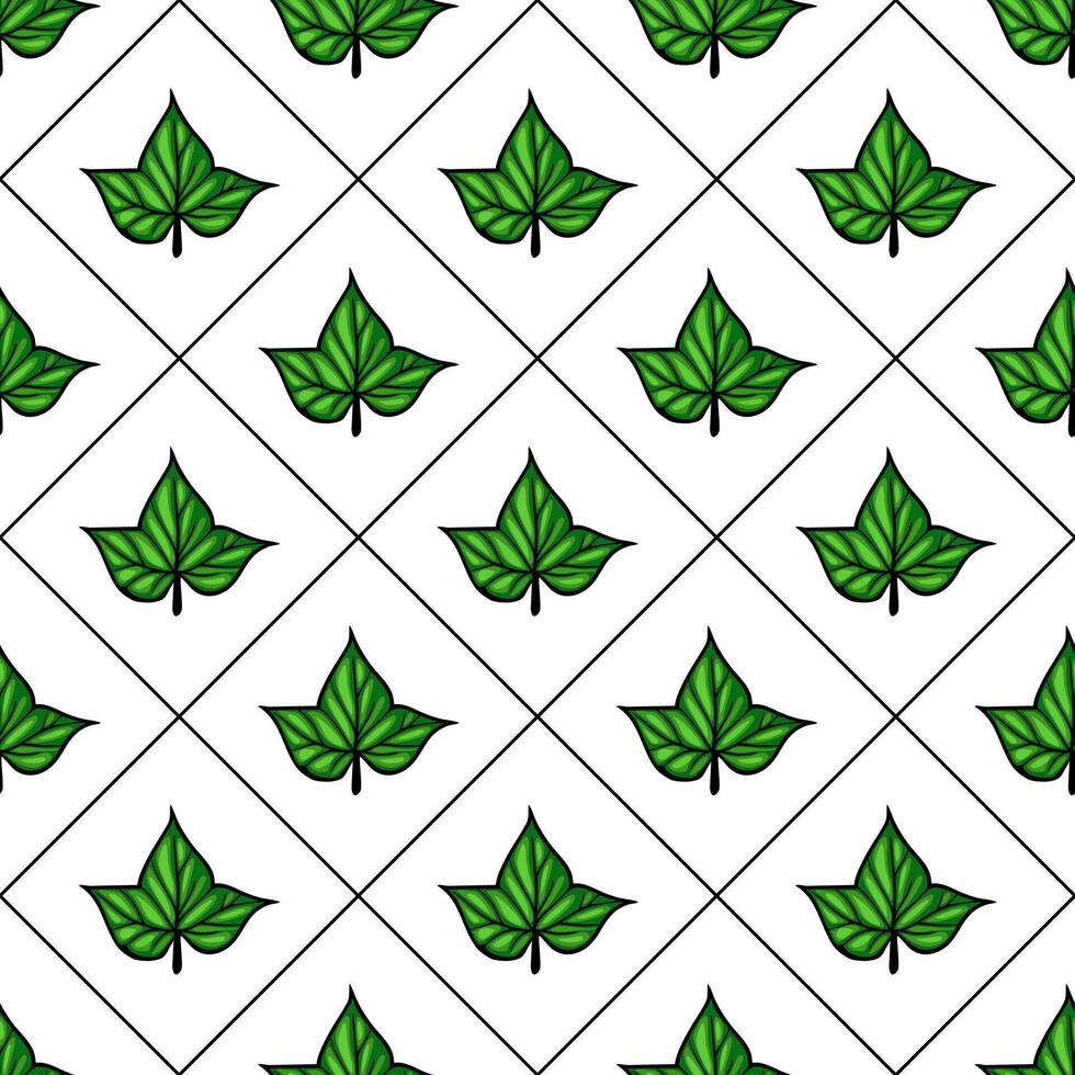 A seamless pattern featuring green leaves arranged in a diamond grid on a white background. The leaves are stylized with defined edges and a vibrant color. vector