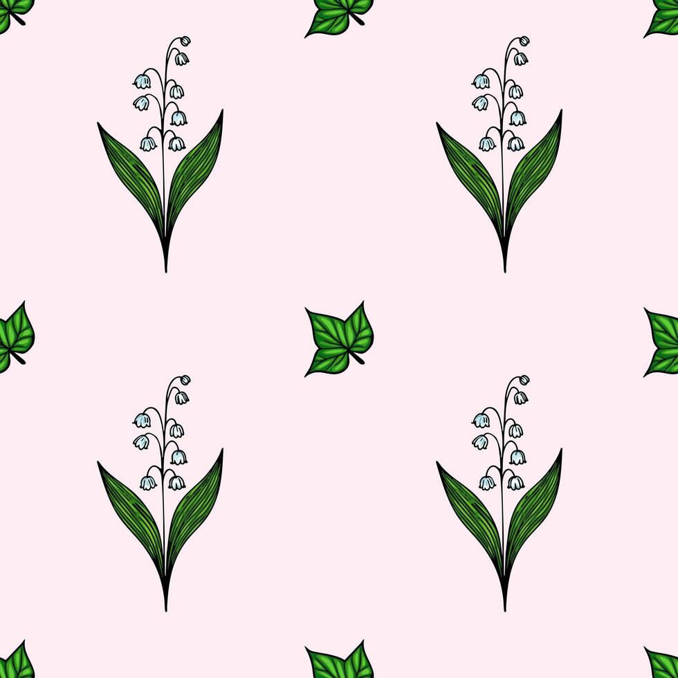 A seamless pattern featuring delicate lily of the valley flowers with white bell-shaped blooms and green leaves, set against a soft pink background. vector