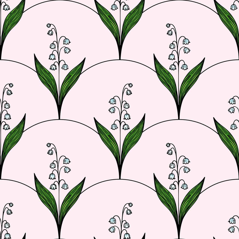 A seamless floral pattern featuring stylized lily of the valley flowers with green leaves on a soft pink background. The design is symmetrical and repetitive, creating a delicate and elegant look. vector